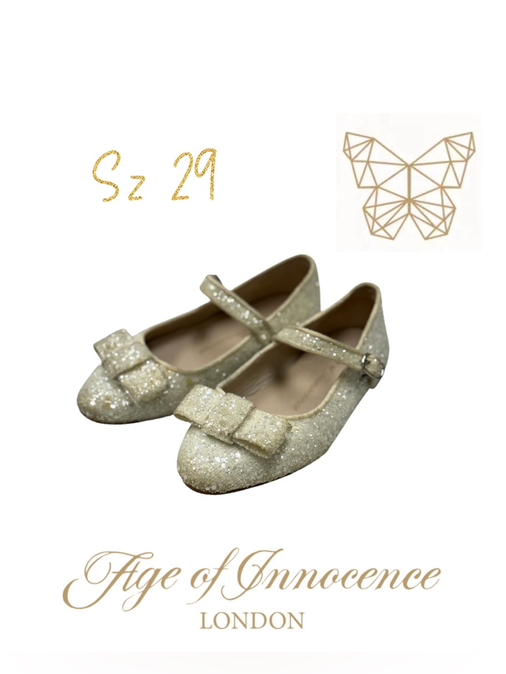 Age of Innocence London Gold Glitter Bow Ellen Mary Janes - Size EU 29